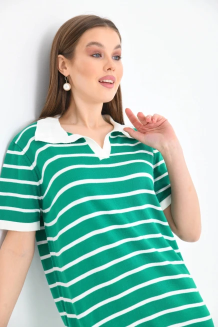 Kadın Gömlek Yaka Yeşil Renk Çizgili Diz Boy Elbise