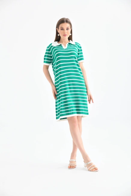Kadın Gömlek Yaka Yeşil Renk Çizgili Diz Boy Elbise