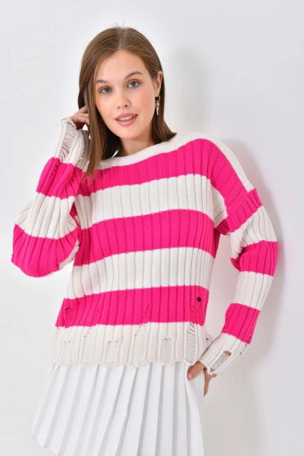 Pembe Beyaz Bisiklet Yaka Triko Kazak