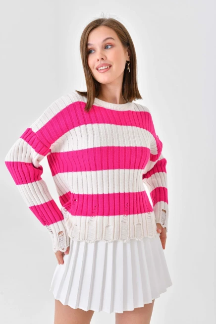 Pembe Beyaz Bisiklet Yaka Triko Kazak