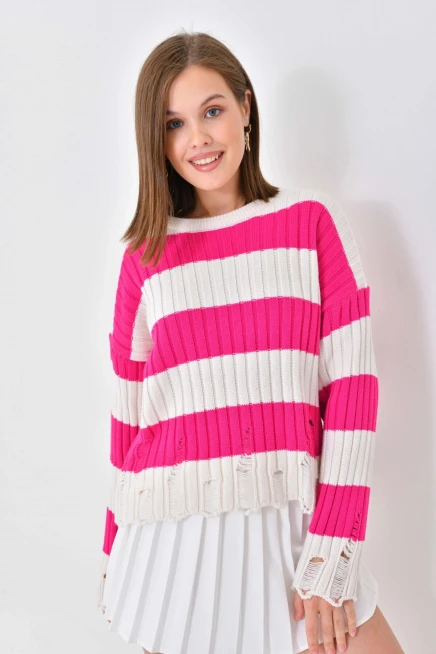 Pembe Beyaz Bisiklet Yaka Triko Kazak