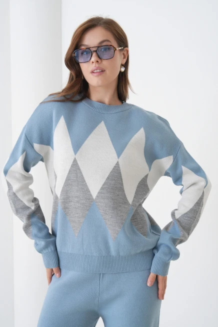 Kadın Açık Mavi Bisiklet Yaka Baklava Desenli Kazak Pantolon Triko Alt-Üst Takım