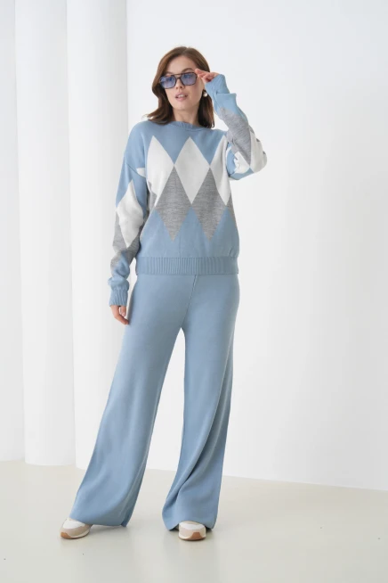 Kadın Açık Mavi Bisiklet Yaka Baklava Desenli Kazak Pantolon Triko Alt-Üst Takım
