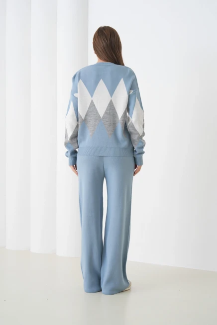 Kadın Açık Mavi Bisiklet Yaka Baklava Desenli Kazak Pantolon Triko Alt-Üst Takım