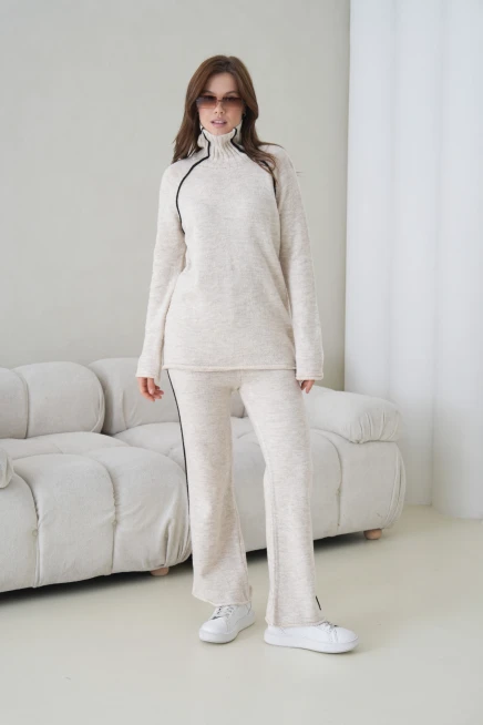 Kadın Balıkçı Yaka Kazak Pantolon İkili Triko Takım