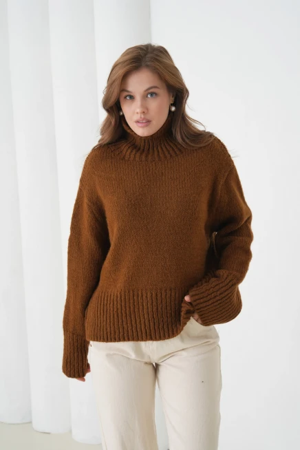 Kadın Balıkçı Yaka Oversize Kaşkarse Triko Kazak