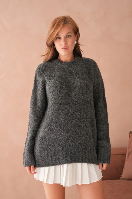 Kadın Bisiklet Bürümcük Yaka Yumuşak Dokulu Oversize Triko Kazak