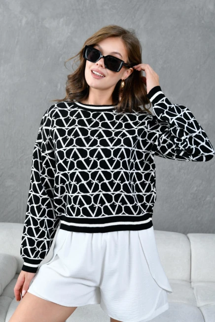 Kadın Bisiklet Yaka Desenli Oversize Triko Kazak