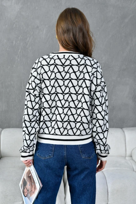 Kadın Bisiklet Yaka Desenli Oversize Triko Kazak