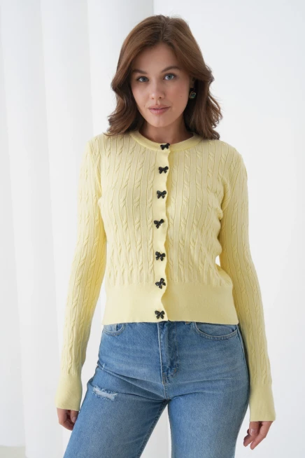 Kadın Bisiklet Yaka Düğme Detay Saç Örgü Yumuşak Dokulu Triko Hırka 