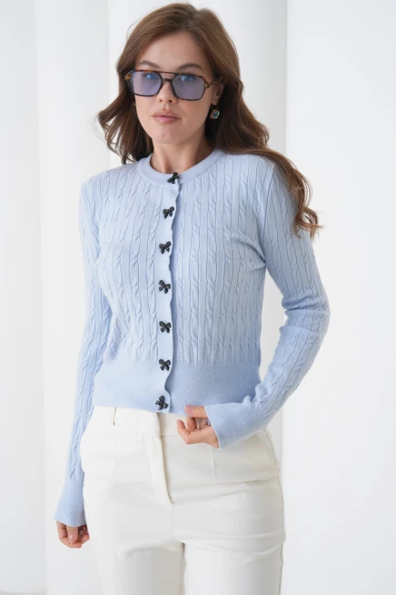 Kadın Bisiklet Yaka Düğme Detay Saç Örgü Yumuşak Dokulu Triko Hırka 