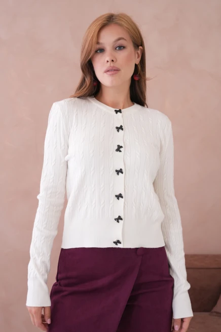 Kadın Bisiklet Yaka Düğme Detay Saç Örgü Yumuşak Dokulu Triko Hırka 