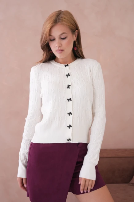 Kadın Bisiklet Yaka Düğme Detay Saç Örgü Yumuşak Dokulu Triko Hırka 