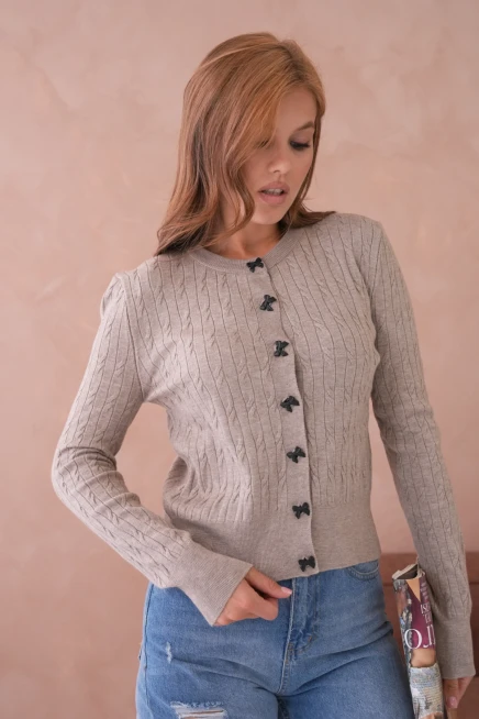 Kadın Bisiklet Yaka Düğme Detay Saç Örgü Yumuşak Dokulu Triko Hırka 