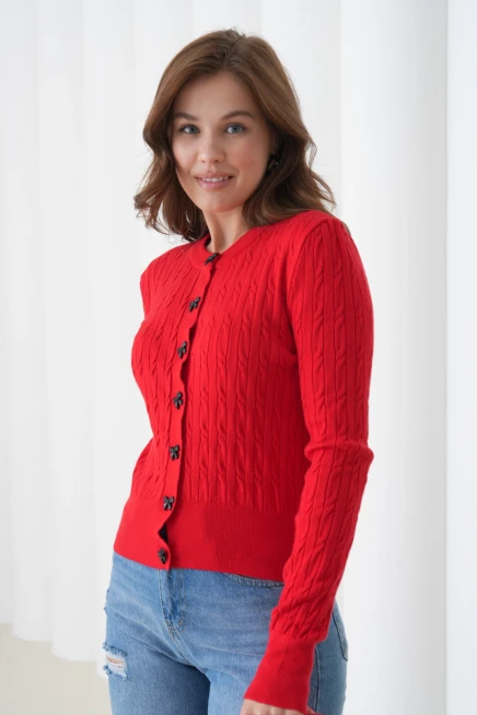 Kadın Bisiklet Yaka Düğme Detay Saç Örgü Yumuşak Dokulu Triko Hırka 