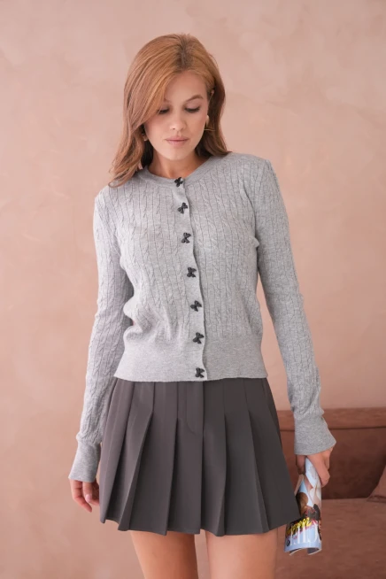 Kadın Bisiklet Yaka Düğme Detay Saç Örgü Yumuşak Dokulu Triko Hırka 