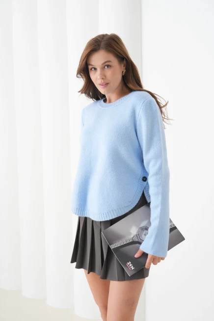 Kadın Bisiklet Yaka Düğme Detay Yırtmaçlı Triko Kazak