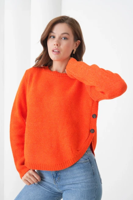 Kadın Bisiklet Yaka Düğme Detay Yırtmaçlı Triko Kazak