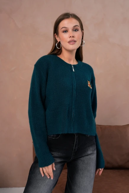 Kadın Bisiklet Yaka Fermuar Kapama Nakışlı Kaşkorse Triko Hırka