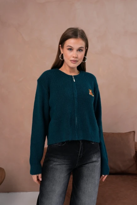 Kadın Bisiklet Yaka Fermuar Kapama Nakışlı Kaşkorse Triko Hırka