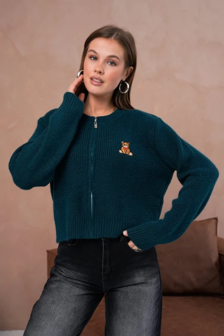 Kadın Bisiklet Yaka Fermuar Kapama Nakışlı Kaşkorse Triko Hırka