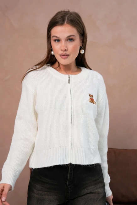 Kadın Bisiklet Yaka Fermuar Kapama Nakışlı Kaşkorse Triko Hırka