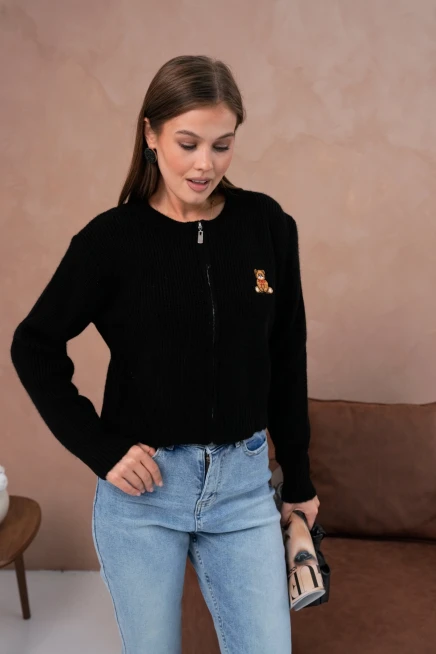 Kadın Bisiklet Yaka Fermuar Kapama Nakışlı Kaşkorse Triko Hırka