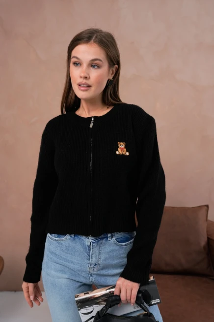 Kadın Bisiklet Yaka Fermuar Kapama Nakışlı Kaşkorse Triko Hırka