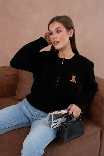 Kadın Bisiklet Yaka Fermuar Kapama Nakışlı Kaşkorse Triko Hırka