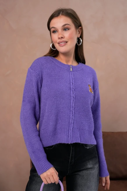 Kadın Bisiklet Yaka Fermuar Kapama Nakışlı Kaşkorse Triko Hırka