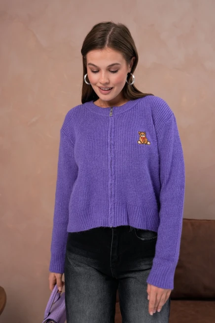 Kadın Bisiklet Yaka Fermuar Kapama Nakışlı Kaşkorse Triko Hırka