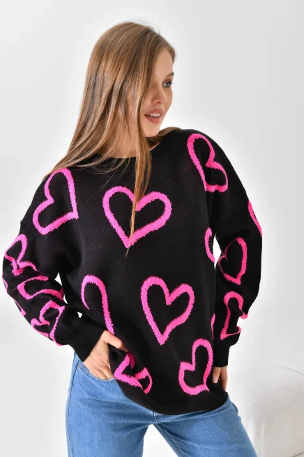 Kadın Bisiklet Yaka Kalp Desenli Salaş Triko Kazak