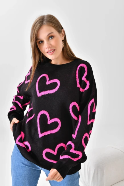 Kadın Bisiklet Yaka Kalp Desenli Salaş Triko Kazak