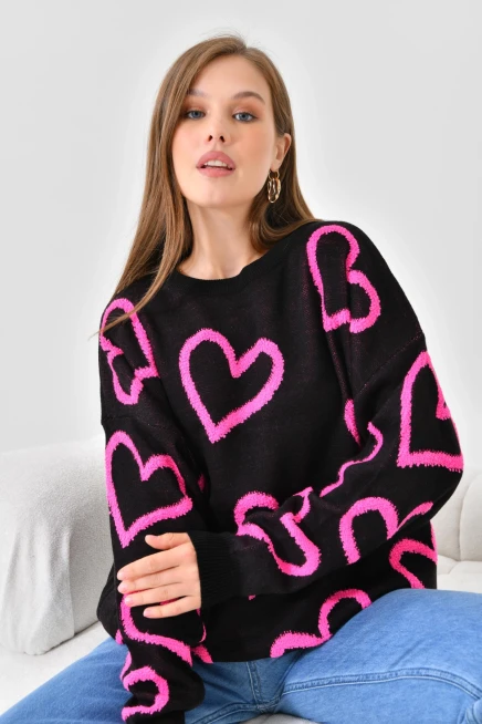 Kadın Bisiklet Yaka Kalp Desenli Salaş Triko Kazak