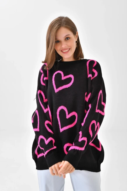 Kadın Bisiklet Yaka Kalp Desenli Salaş Triko Kazak