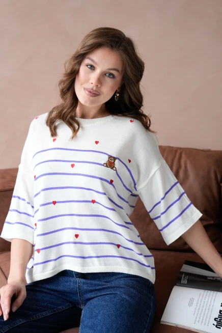 Kadın Bisiklet Yaka Nakış Detay Çizgili Triko Kazak