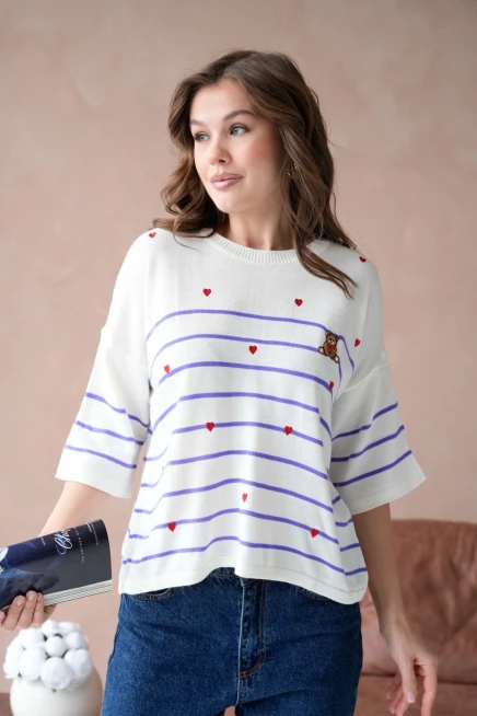 Kadın Bisiklet Yaka Nakış Detay Çizgili Triko Kazak