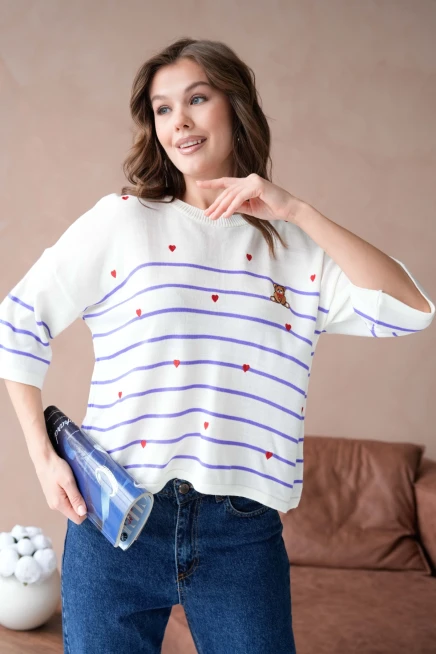 Kadın Bisiklet Yaka Nakış Detay Çizgili Triko Kazak