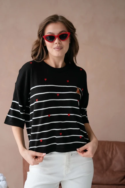 Kadın Bisiklet Yaka Nakış Detay Çizgili Triko Kazak