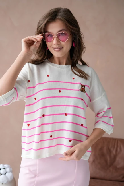 Kadın Bisiklet Yaka Nakış Detay Çizgili Triko Kazak