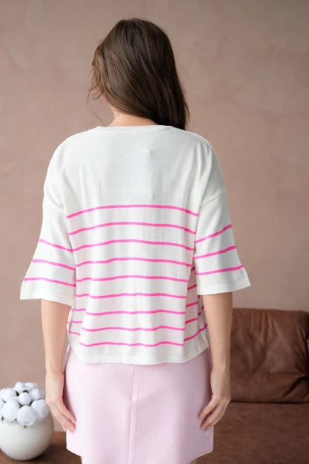 Kadın Bisiklet Yaka Nakış Detay Çizgili Triko Kazak