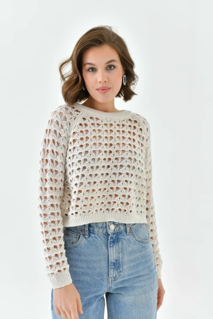 Kadın Bisiklet Yaka Örgü Detay Crop Triko Kazak