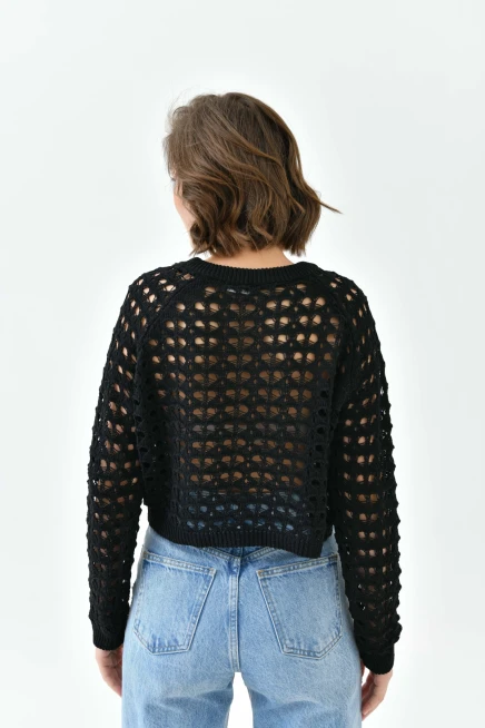 Kadın Bisiklet Yaka Örgü Detay Crop Triko Kazak