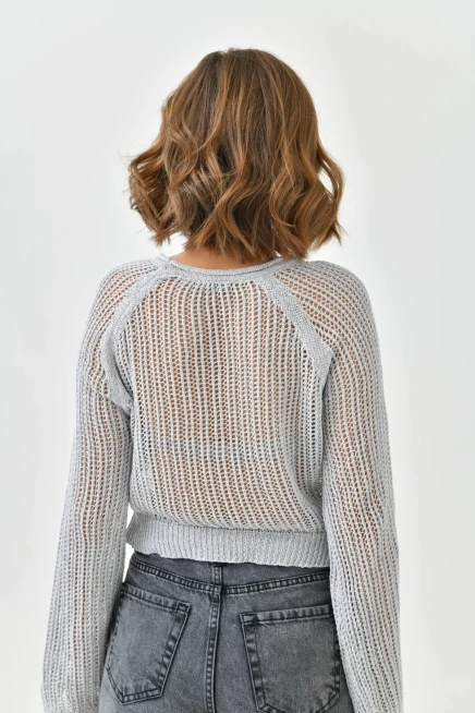 Kadın Bisiklet Yaka Örgü Detay Crop Triko Kazak