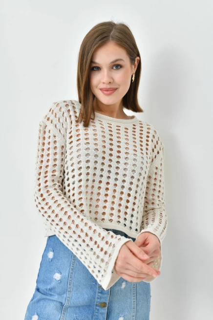 Kadın Bisiklet Yaka Örgü Detay Crop Triko Kazak