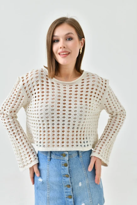 Kadın Bisiklet Yaka Örgü Detay Crop Triko Kazak