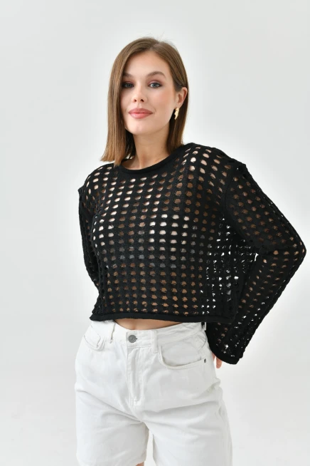 Kadın Bisiklet Yaka Örgü Detay Crop Triko Kazak