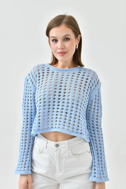 Kadın Bisiklet Yaka Örgü Detay Crop Triko Kazak