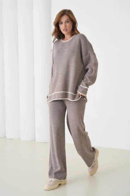 Kadın Bisiklet Yaka Oversize Kazak Pantolon Triko Alt-Üst Takım