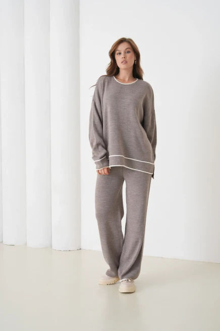 Kadın Bisiklet Yaka Oversize Kazak Pantolon Triko Alt-Üst Takım